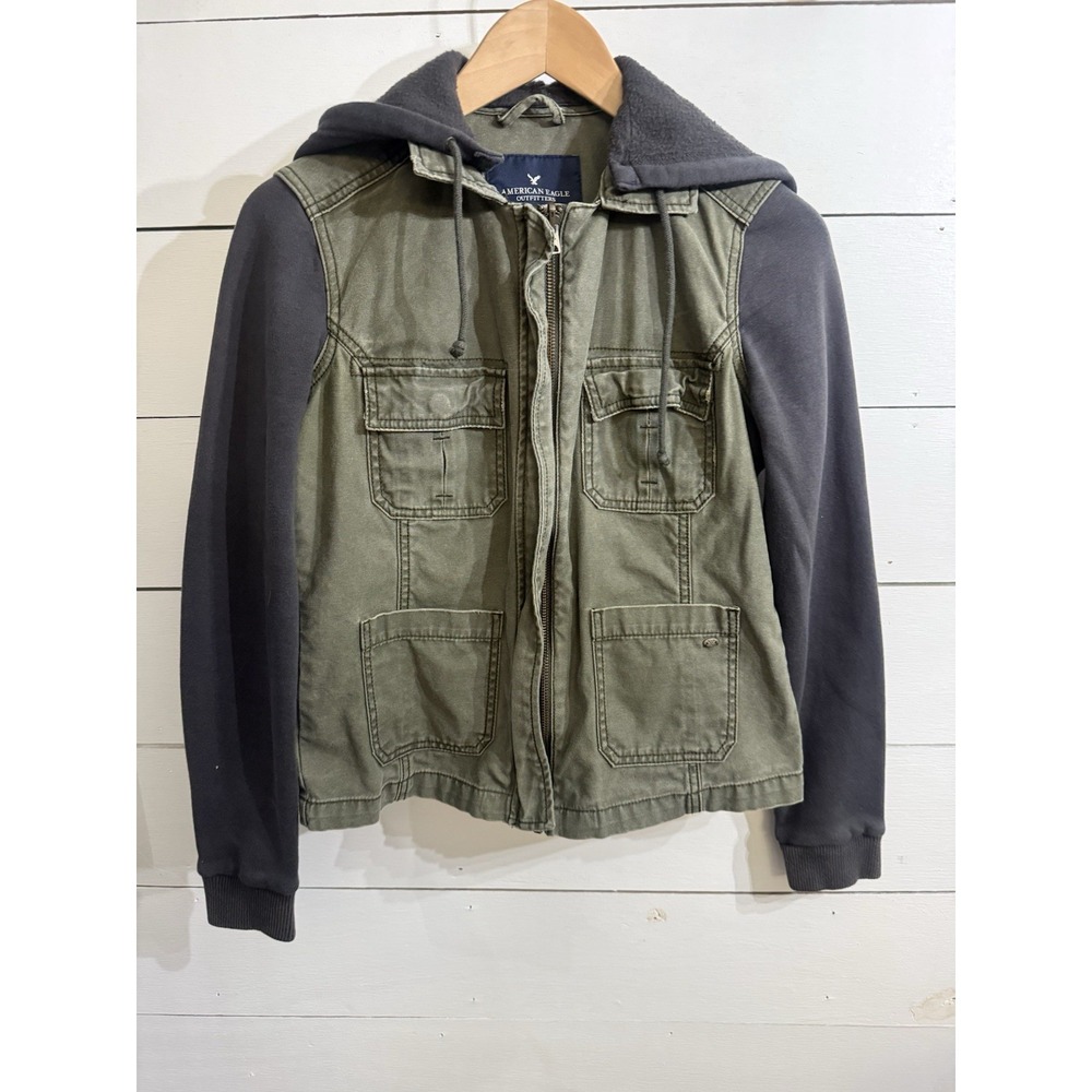 Y2K American Eagle Hoodie Jacket Womens Small Green Full Zip Utility Grunge